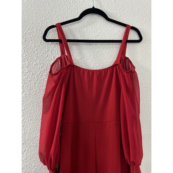 Fashion Nova Red Cold Shoulder Wide Leg Jumpsuit Belted Falling For Your Charm M - Picture 12 of 16